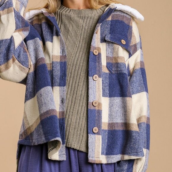 NWT Boutique Dusty Blue Plaid Shacket - Picture 2 of 6